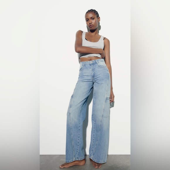 New Zara Mid-Rise Wide Length Cargo Jeans - Size 2 - Picture 1 of 5